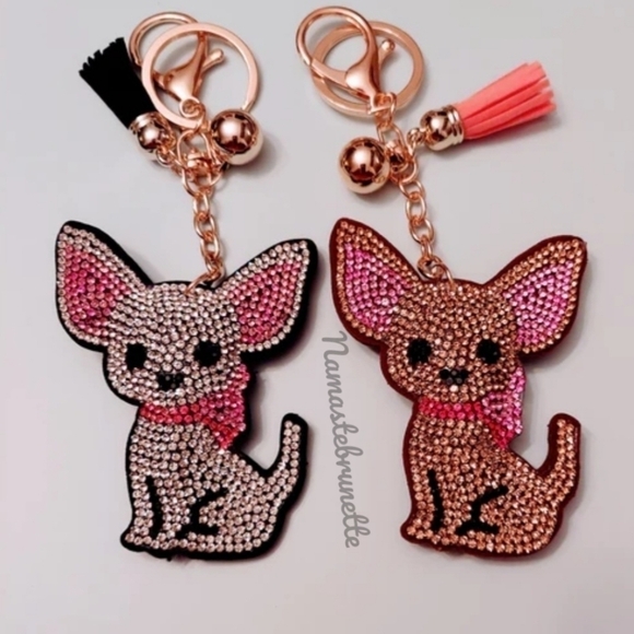 Chihuahua Dog Crystal Rhinestone Keychain Bag Charm With Black Tassel - Picture 14 of 17